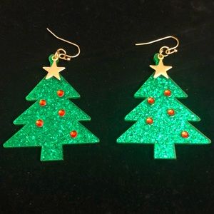 Festive green glitter Christmas tree earrings